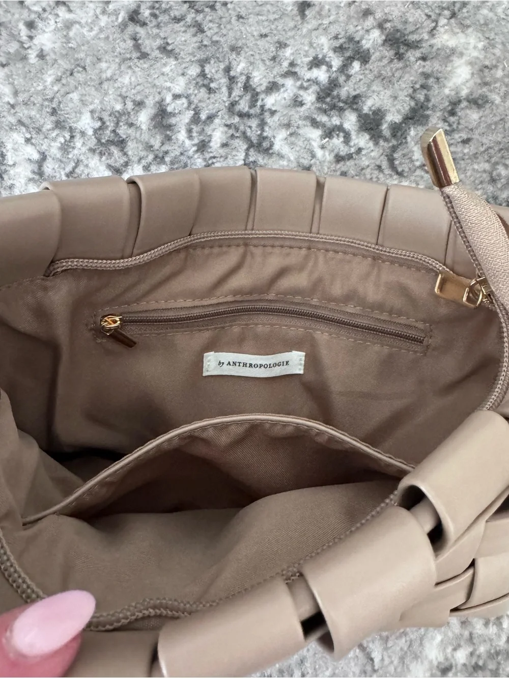 Anthropologie Lindy Woven Leather Zip Clutch in Taupe